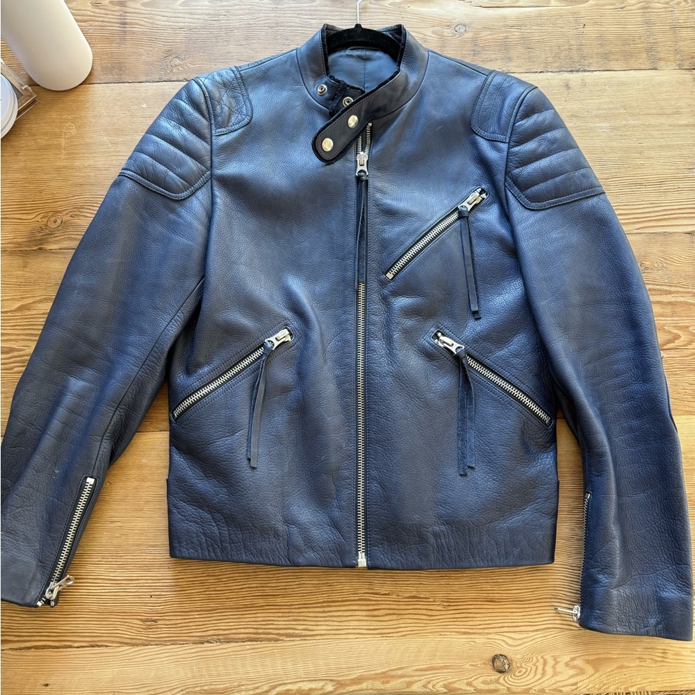 Acne Studios Oliver Leather Jacket, Size 48, Navy